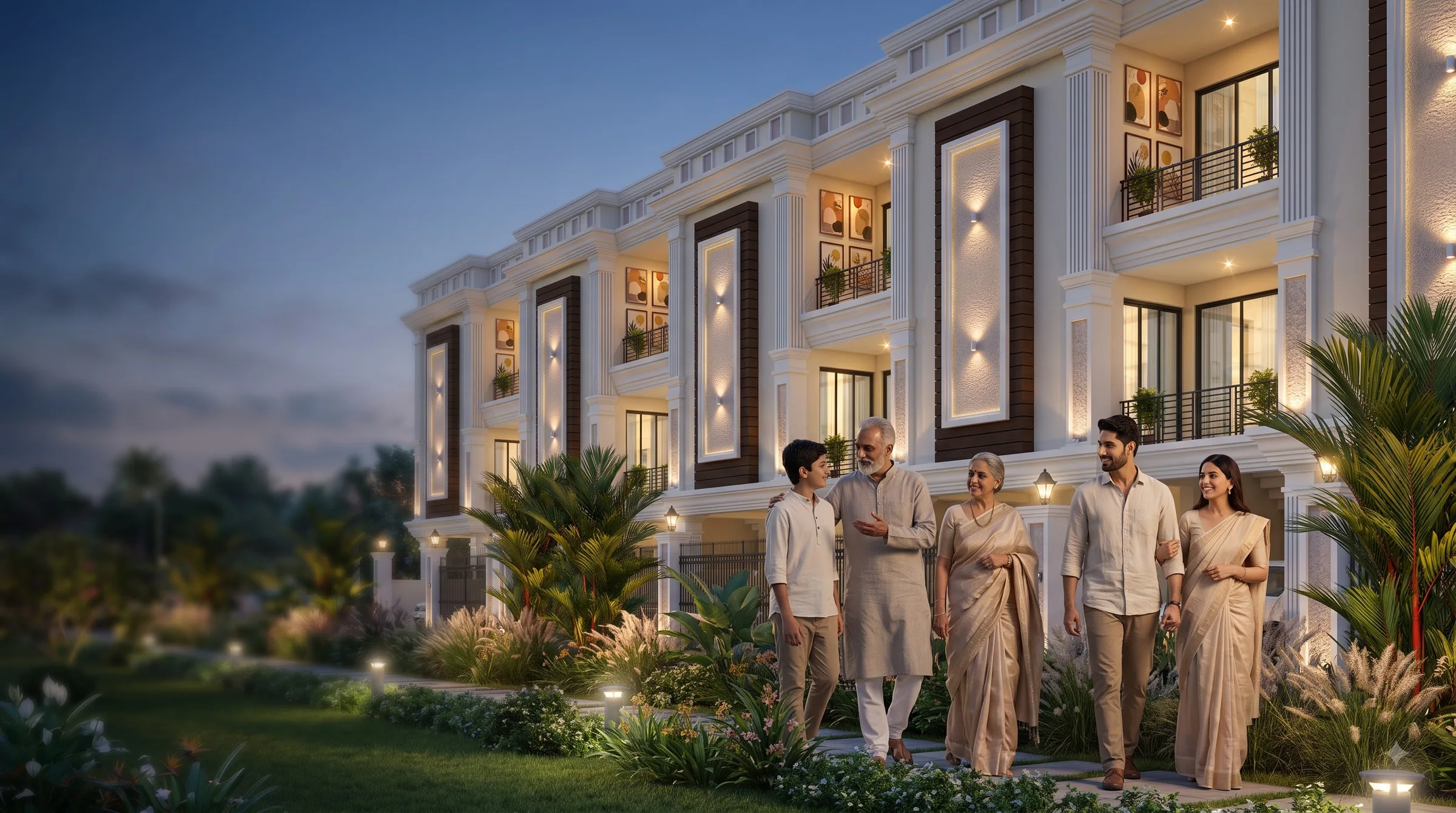 Three generations of a family walking together beside illuminated Brinda Gardenia residences