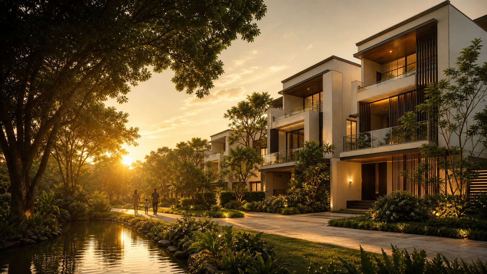 Contemporary Brinda Gardenia villas surrounded by lush landscaped greenery at golden hour