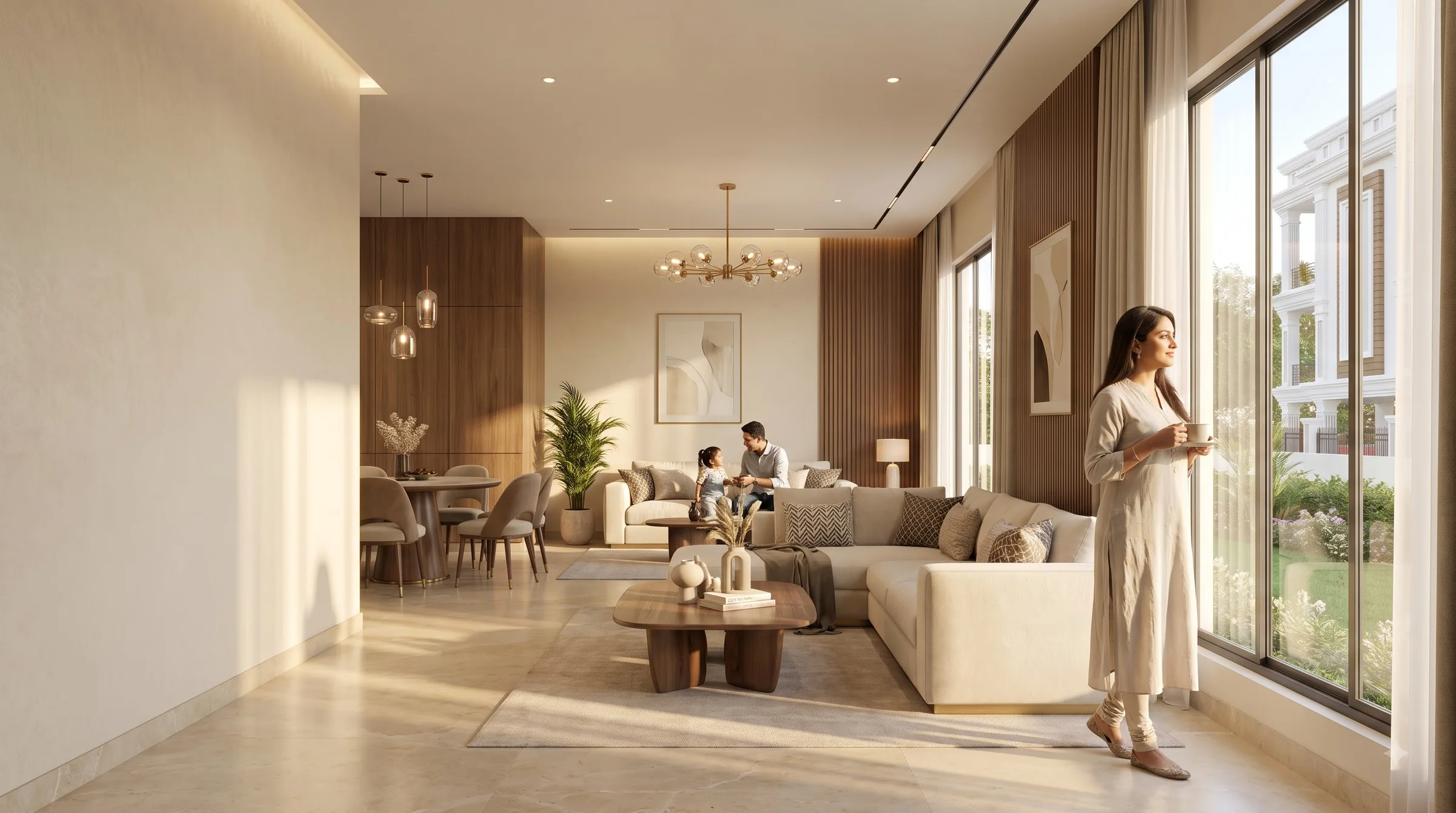 A family enjoying a sunlit, spacious living room at Brinda Gardenia