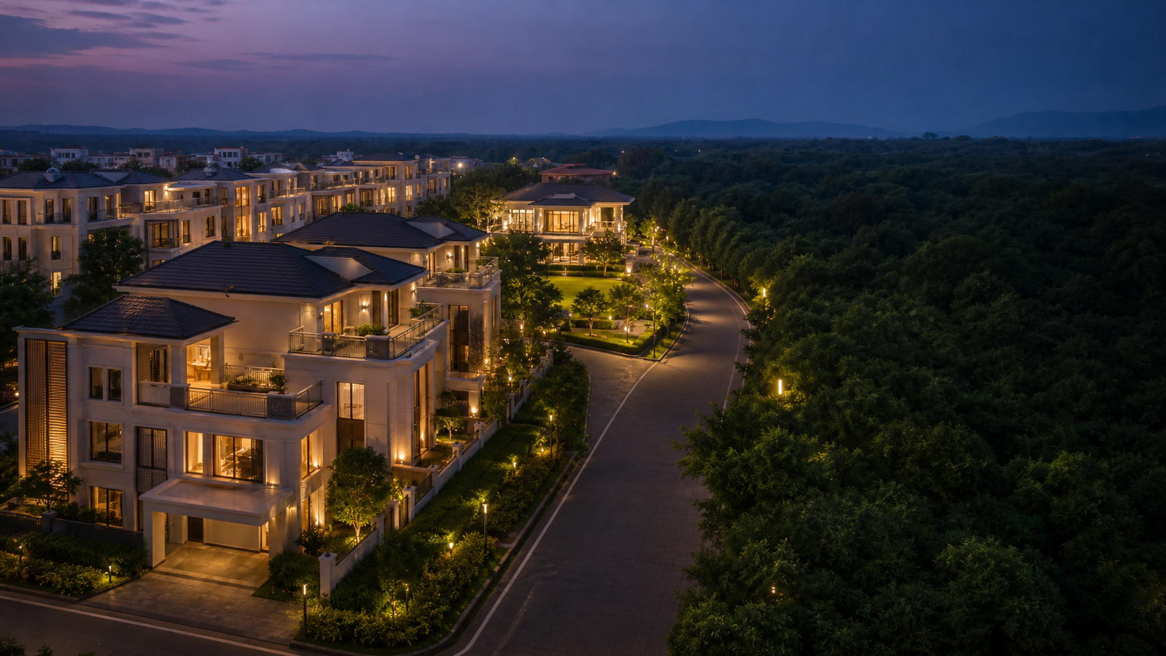 Twilight view of a refined residential community with warm villa lights