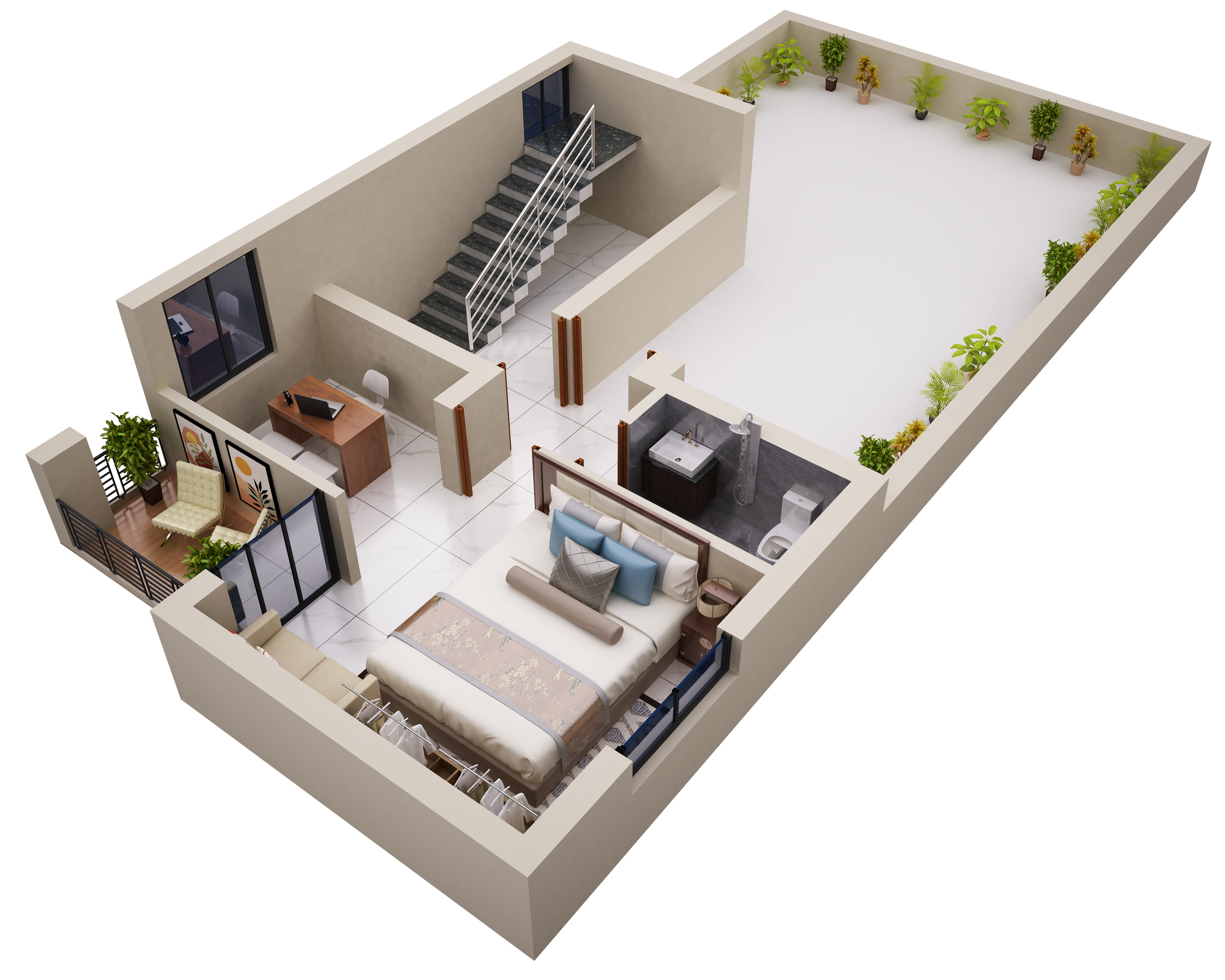 Brinda Gardenia second floor interior perspective with bedroom and terrace